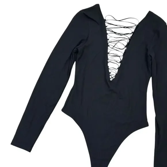 NWT Victoria's Secret Black Long Sleeve Strappy Deep V-Neck Thong Bodysuit - Picture 3 of 5